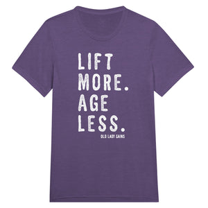 Front view of Lift More Age Less triblend unisex t-shirt by Old Lady Gains, soft athletic fit in purple.