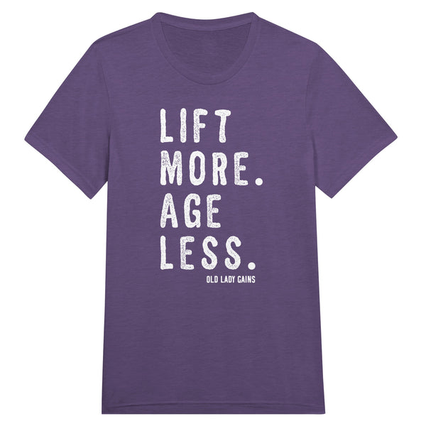 Front view of Lift More Age Less triblend unisex t-shirt by Old Lady Gains, soft athletic fit in purple.