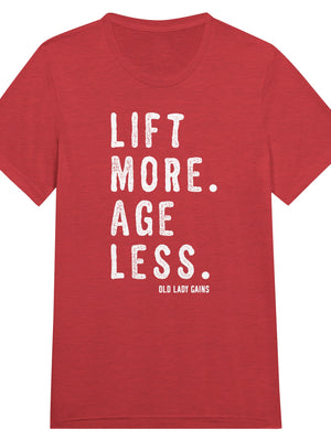 Front view of Lift More Age Less triblend unisex t-shirt by Old Lady Gains, soft athletic fit in red.
