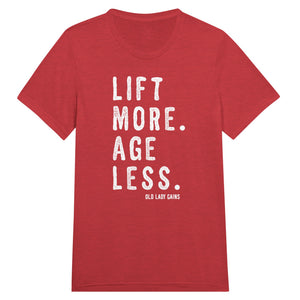 Front view of Lift More Age Less triblend unisex t-shirt by Old Lady Gains, soft athletic fit in red.