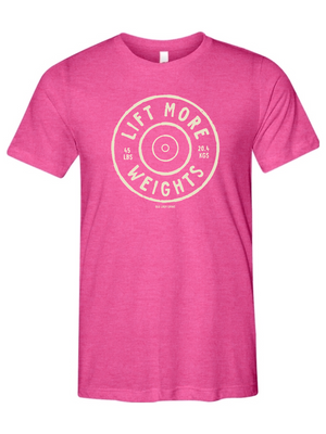 Pink t-shirt with 'Lift More Weights' text on a white background