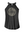 A heather black  high-neck halter tank top featuring a circular barbell plate graphic with the text 