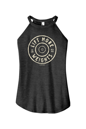A heather black  high-neck halter tank top featuring a circular barbell plate graphic with the text "LIFT MORE WEIGHTS".