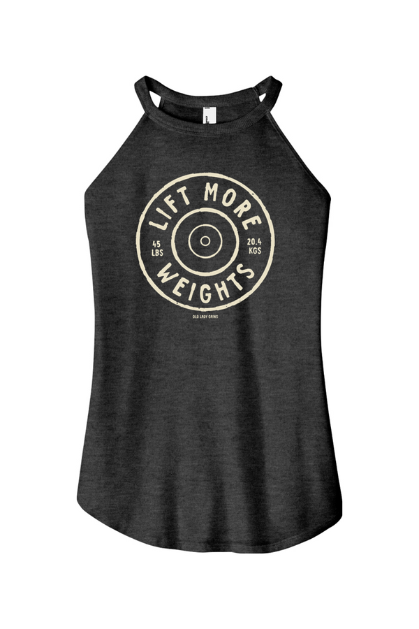 A heather black  high-neck halter tank top featuring a circular barbell plate graphic with the text "LIFT MORE WEIGHTS".