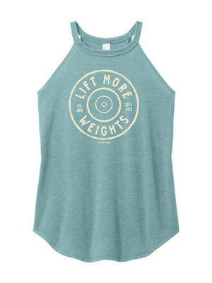 Teal tank top with 'Lift More Weights' graphic on a white background
