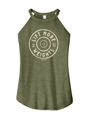 Green tank top with 'Lift More Weights' text on a white background