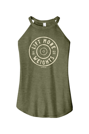 Green tank top with 'Lift More Weights' text on a white background