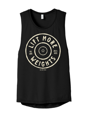 Black tank top with 'Lift More Weights' graphic design on a white background