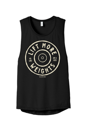 Black tank top with 'Lift More Weights' graphic design on a white background
