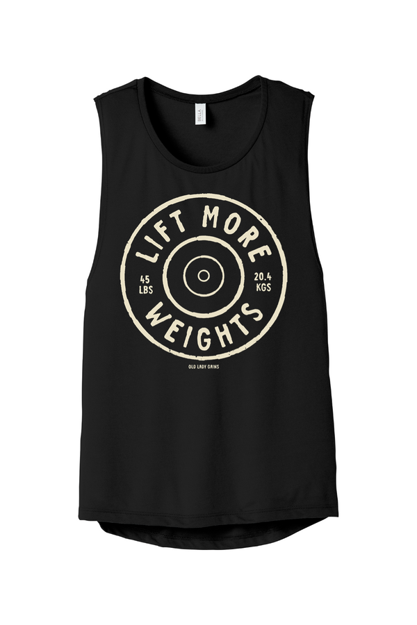 Black tank top with 'Lift More Weights' graphic design on a white background