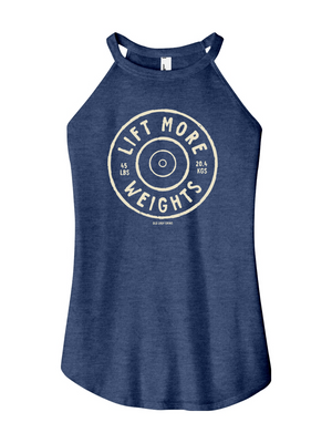 Navy blue tank top with 'Lift More Weights' graphic on a white background