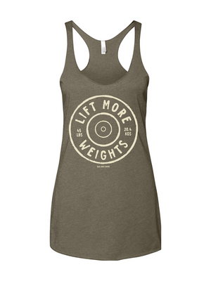 Purple tank top with 'Lift More Weights' text on a white background