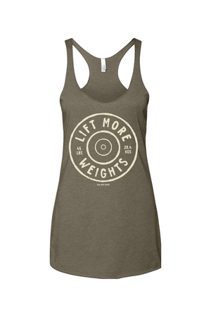 Purple tank top with 'Lift More Weights' text on a white background