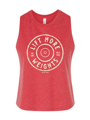 Red tank top with 'Lift More Weights' text on a white background