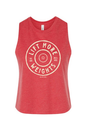 Red tank top with 'Lift More Weights' text on a white background