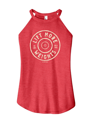 Red tank top with 'Lift More Weights' text on a white background