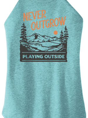 Teal tank top that says Never Outgrow Playing Outside on a white background