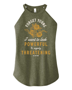 Product image of 'Powerful & Vaguely Threatening' halter tank – activewear for strong, confident women