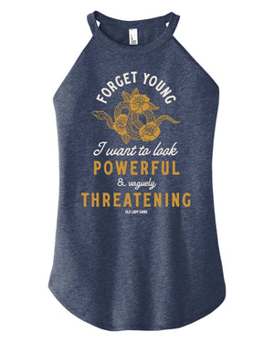 Product image of 'Powerful & Vaguely Threatening' halter tank – activewear for strong, confident women
