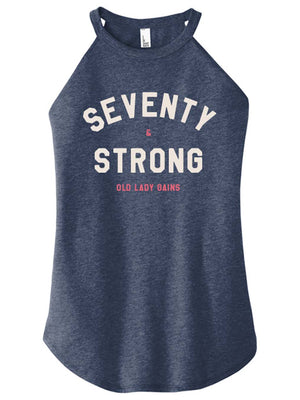 Seventy & Strong navy halter tank top celebrating strength in age