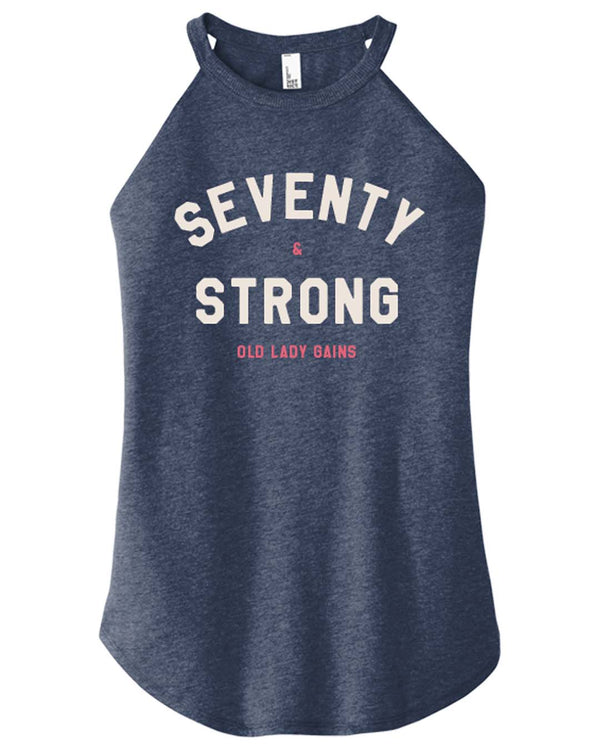 Seventy & Strong navy halter tank top celebrating strength in age