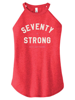 Seventy & Strong red halter tank top celebrating strength in age