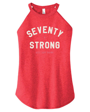 Seventy & Strong red halter tank top celebrating strength in age