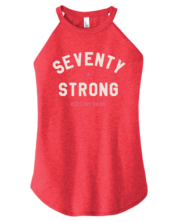 Seventy & Strong red halter tank top celebrating strength in age