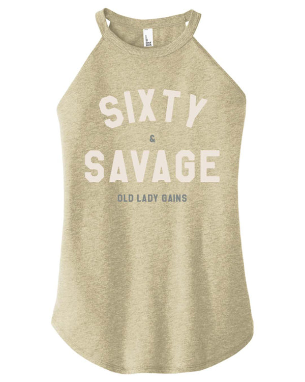 Sixty & Savage halter tank top for women, bold clothing for women celebrating 60 with strength and style