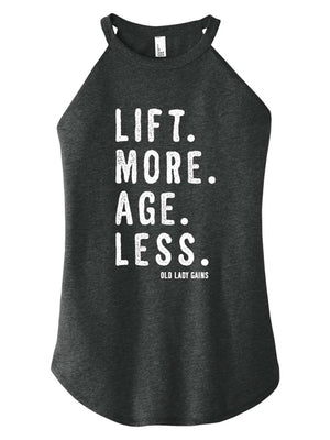 Front view of 'Lift More Age Less' halter tank – empowering activewear for women over 40