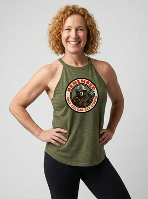 Middle-aged Woman wearing a green tank top with a logo and text that reads REMEMBER ONLY YOU CAN AGE STRONG on a plain background