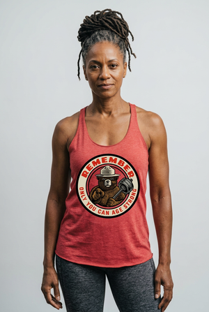 Middle-aged woman wearing a red tank top with a graphic design that says REMEMBER ONLY YOU CAN AGE STRONG>