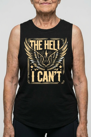Person wearing a black tank top with gold graphic and text on a white background