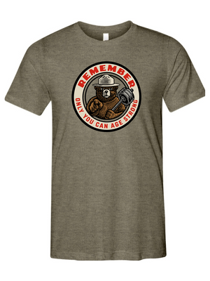 Gray t-shirt with a bear graphic and text on a white background