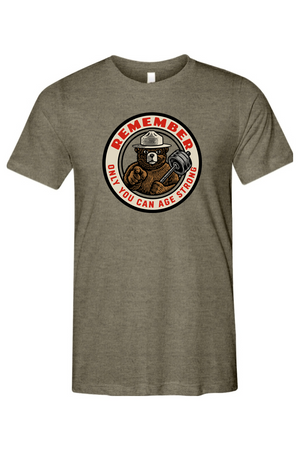 Gray t-shirt with a bear graphic and text on a white background