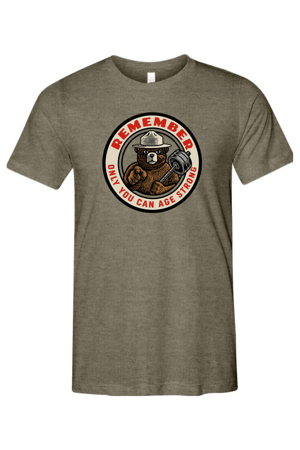 Gray t-shirt with a bear graphic and text on a white background