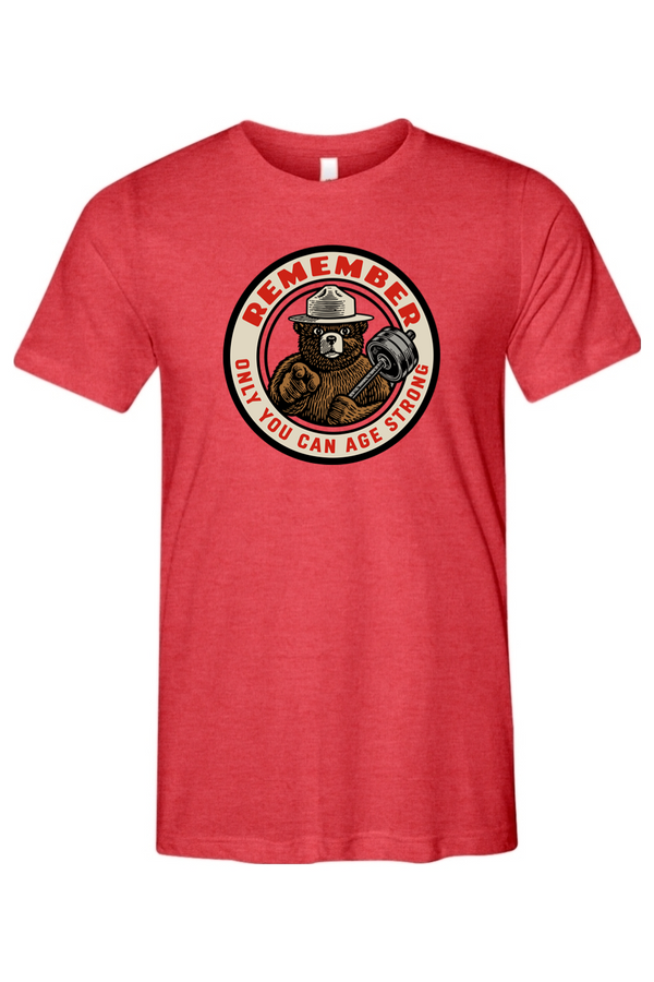 Red t-shirt with a bear graphic and text on a white background