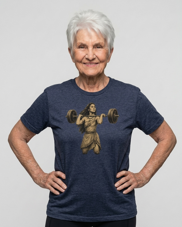 Woman wearing a navy blue t-shirt with a graphic design of a woman lifting weights, standing against a plain background.
