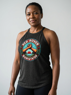 A woman wearing a dark heather gray halter tank top with a colorful circular 'Red Rover Survivor' graphic on the chest, set against a plain light gray background.