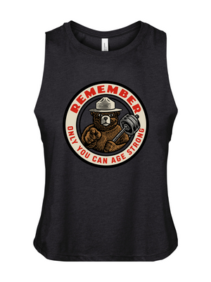 Black crop tank top with a bear graphic and text reads Remember Only You can Age Strong 