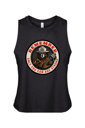 Black crop tank top with a bear graphic and text reads Remember Only You can Age Strong 
