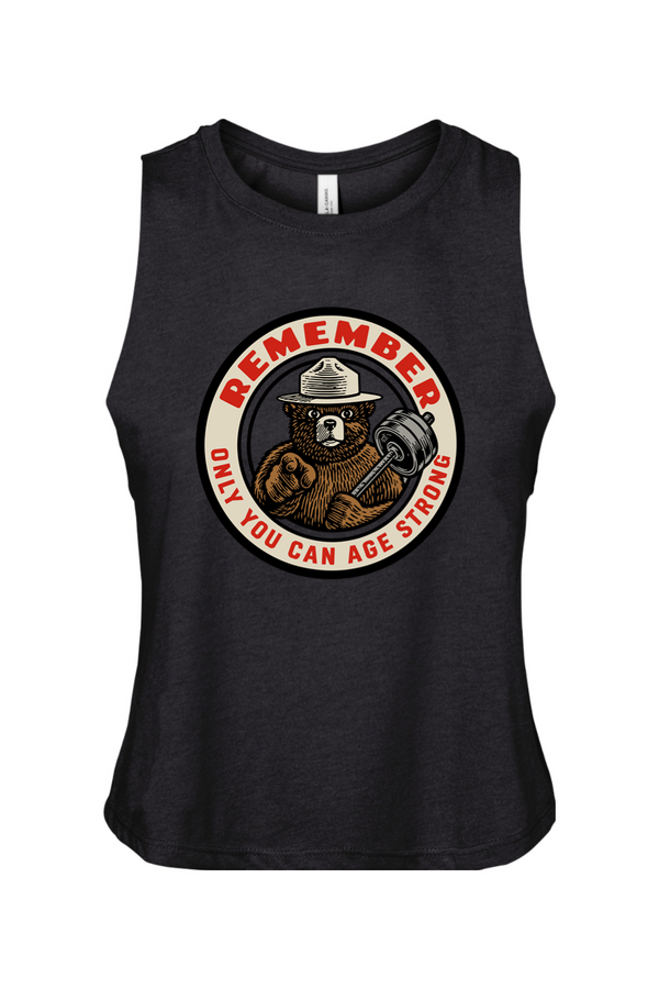 Black crop tank top with a bear graphic and text reads Remember Only You can Age Strong 