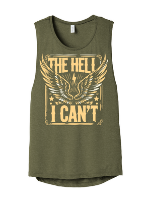 Empowering women's workout tank for women over 40 featuring The Hell I Can't graphic