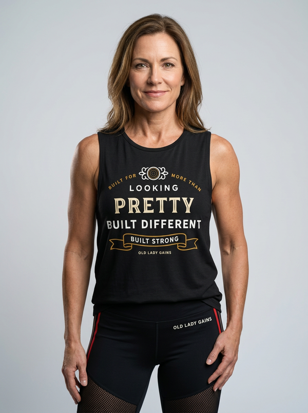 Confident woman over 50 wearing the Built for More Than Looking Pretty muscle workout tank top
