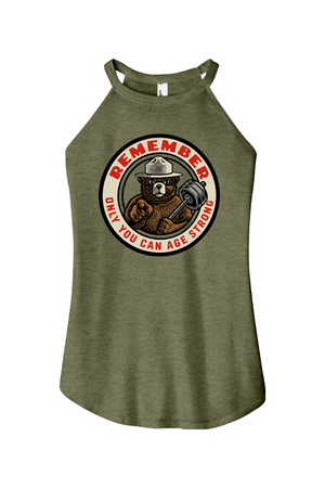 Green tank top with bear graphic and text  read Remember only you can age strong on a white background