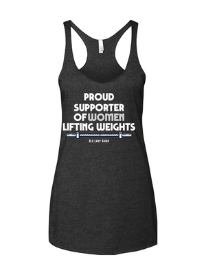 A vintage black racerback tank top featuring the white text "PROUD SUPPORTER OF WOMEN LIFTING WEIGHTS" above a detailed barbell graphic with the "Old Lady Gains" brand name underneath.