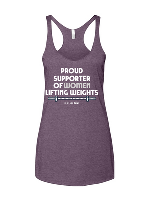 A vintage purple racerback tank top featuring the white text "PROUD SUPPORTER OF WOMEN LIFTING WEIGHTS" above a detailed barbell graphic with the "Old Lady Gains" brand name underneath.