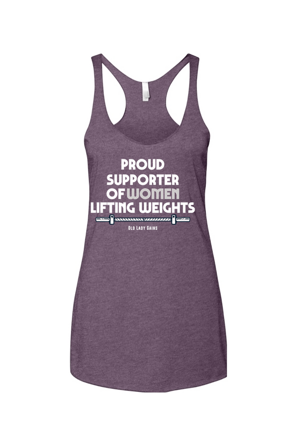 A vintage purple racerback tank top featuring the white text "PROUD SUPPORTER OF WOMEN LIFTING WEIGHTS" above a detailed barbell graphic with the "Old Lady Gains" brand name underneath.