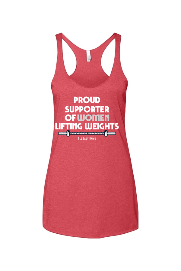 A red racerback tank top featuring the white text "PROUD SUPPORTER OF WOMEN LIFTING WEIGHTS" above a detailed barbell graphic with the "Old Lady Gains" brand name underneath.