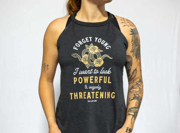 Product image of 'Powerful & Vaguely Threatening' halter tank – activewear for strong, confident women